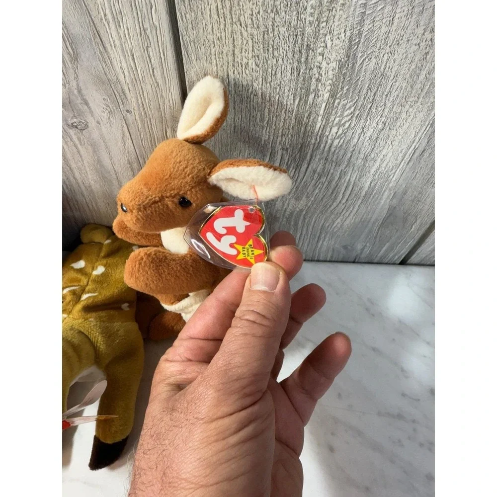 Ty Beanie Babies Lot 3 Millennium Purple Bear Whisper Deer Pouch Kangaroo Tags